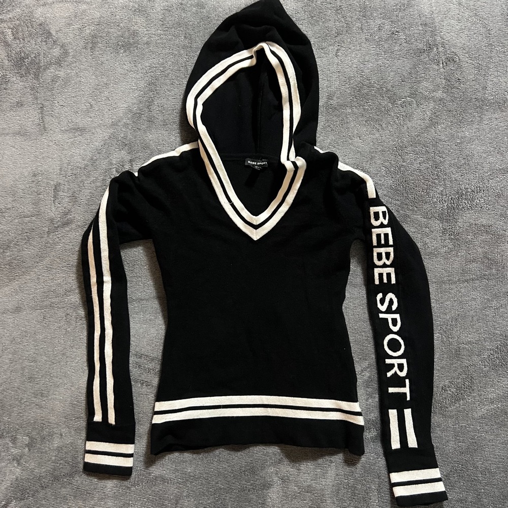 Vintage Bebe Sport Hoodie Women's Small Black V Neck Pullover Sweatshirt LogoY2K